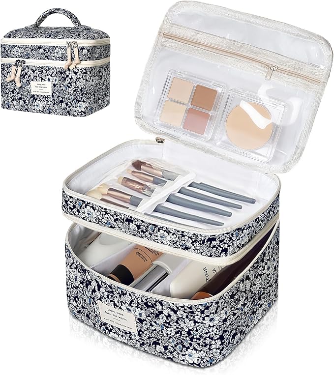 Makeup Bag, Portable Travel Make up Bag, Large Capacity Quilted Cosmetic Organizer Bag, Cute Floral Toiletry Bag for Women Girls (Black Rose)