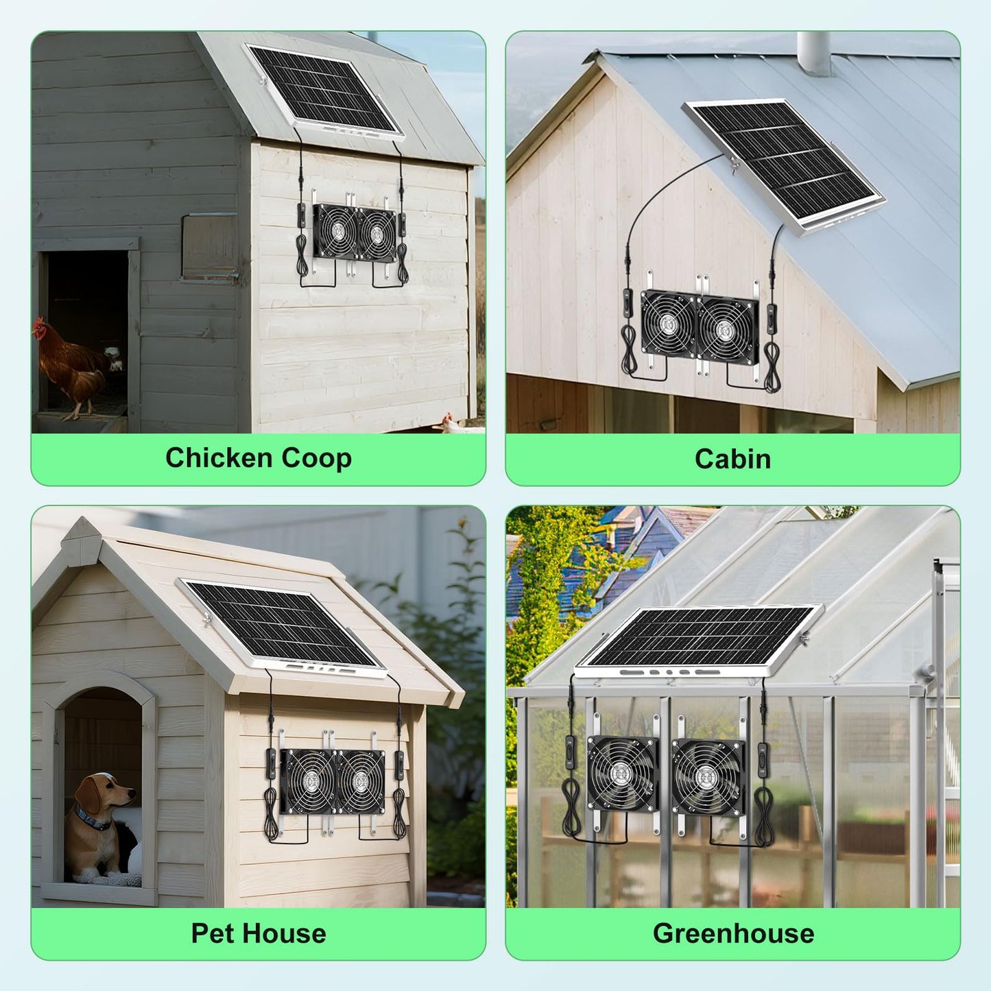 pqins 5.5'' Solar Greenhouse Fan 2 Kit, 30W Solar Powered Exhaust and Intake Chicken Coop Fan, Strong Airflow & Waterproof, 16.5 ft Cord, for Outdoor Shed Doghouse Air Circulation and Ventilation