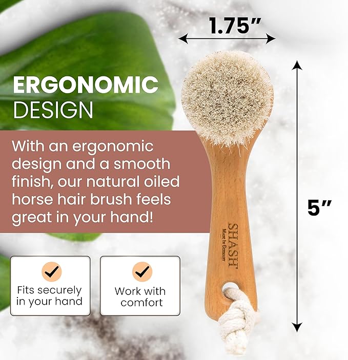 SHASH Since 1869 Hand Made in Germany - Sustainable Exfoliating Face Brush, Scrub Cleansing Brush, Exfoliates Skin to Help Reduce Flaking, Fine Lines, Supports Glowing Complexion (Soft Goat Bristle)