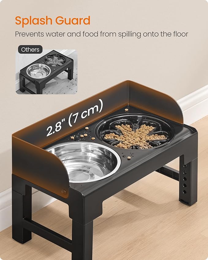 Feandrea Dog Bowls Elevated, Raised Stand with 1 Slow Feeder and Two 304 Stainless Steel Bowls, Adjustable Height and Tilted Design, Ink Black UPRB103B01
