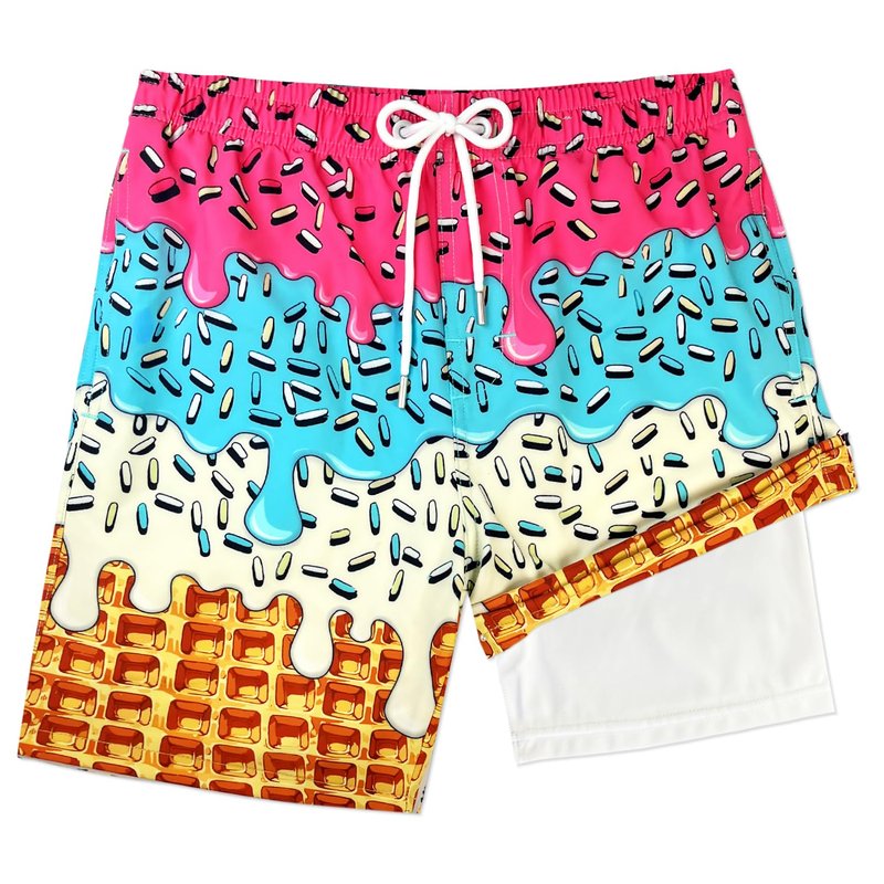LUCOWEE Boys Bathing Trunks Boxer Brief Lined Anti Chafe Quality Swimming Shorts Swimsuits Stretchy Light Weight Quick Dry UPF 50+ Water to Land Ice Cream Waffle Size 10-12
