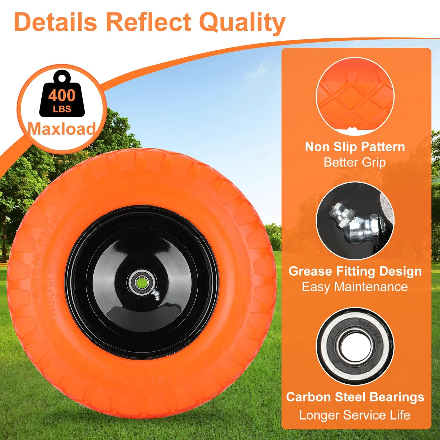 Pontuss Upgraded 16" Flat Free Wheelbarrow Wheels and Tires, 4.80/4.00-8 Solid Tires with 5/8"&3/4" Bearings, Universal Fit for Wheelbarrows/Garden Trailer