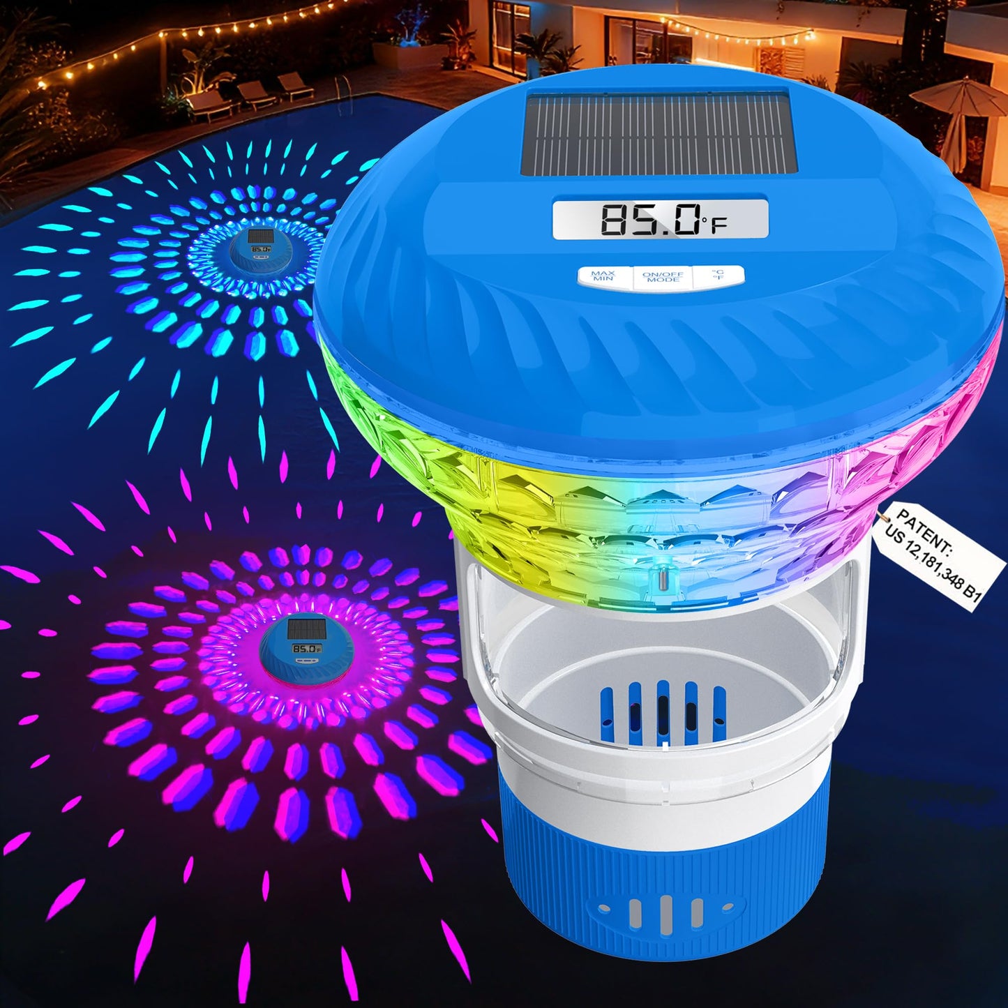 FineBud 2026 Upgraded Pool Chlorine Floater with Thermometer, Digital Screen Pool Chlorine Floater,Solar Pool Chlorine Floaters with Light, Button Control Floating Chlorine Dispenser for Pool (Blue)