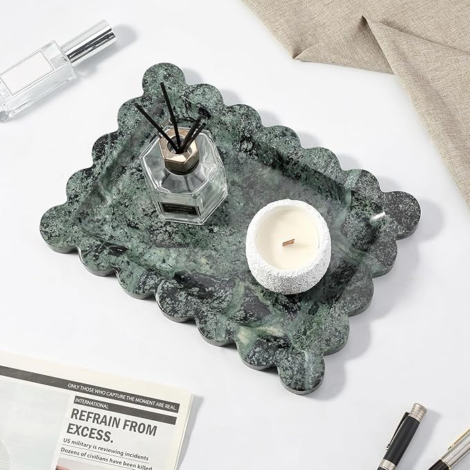 Koville Scalloped Marble Tray, 11"x8" Marble Vanity Tray for Countertop Bathroom Kitchen Dresser, Natural Stone Tray for Jewelry Perfume Home Decor, Decorative Catchall Trays(Green)