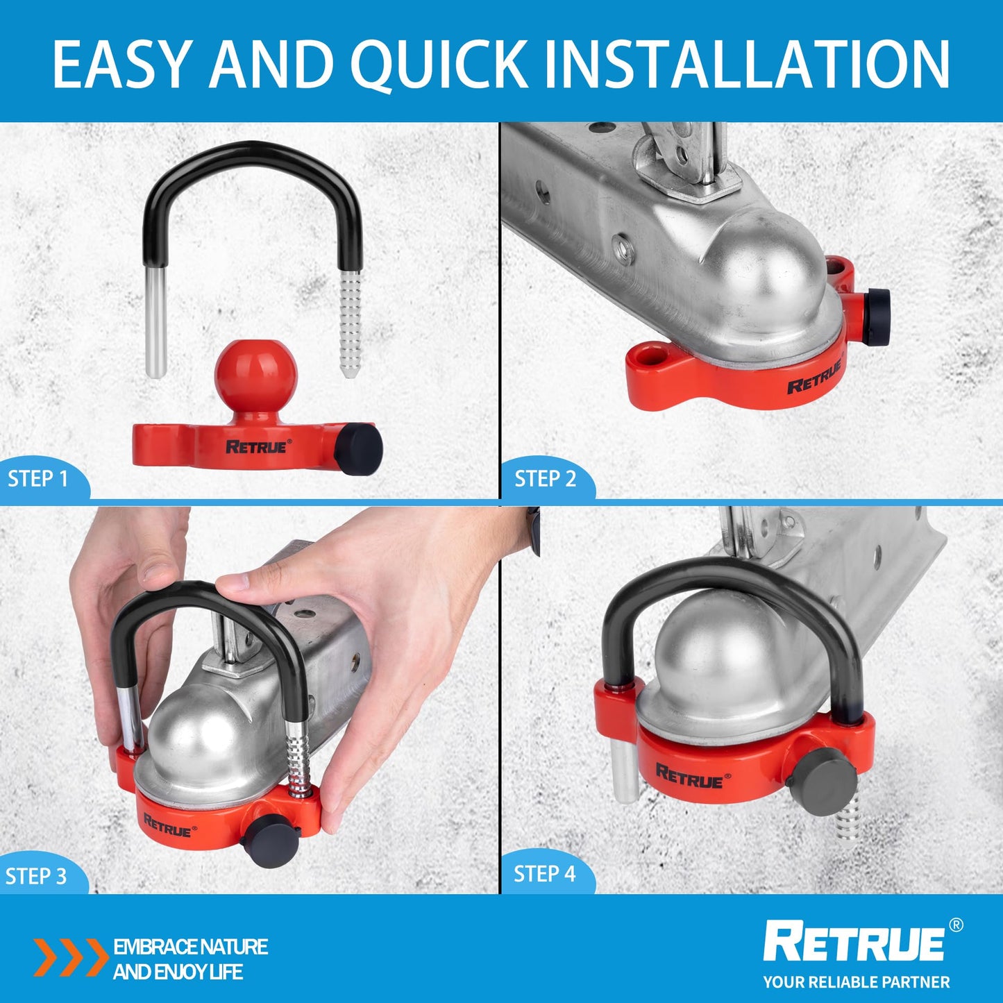 RETRUE Universal Trailer Ball Lock Hitch Coupler Locks Fits 1-7/8 Inch, 2 Inch, 2-5/16 Inch Couplers Adjustable Security with Weatherproof Cover and Cap, Red