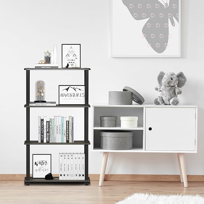 Furinno TURN-S-TUBE Storage Shelves, 4-Tier Book Shelf, Corner Shelf, Toolless Open Shelves, for Organization and Storage, Living Room, Garage, Home Office, French Oak