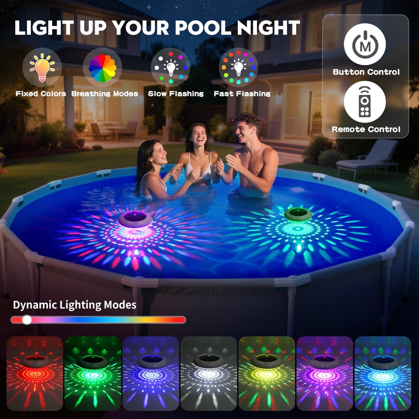 Cootway Floating Pool Lights w/Remote, 6.5 Inch RGB Solar Pool Lights that Float with 9 Dynamic Lighting, IP68 Waterproof Pool Floating Light, Hangable Solar Floating Light for Pools Party Garden(2)