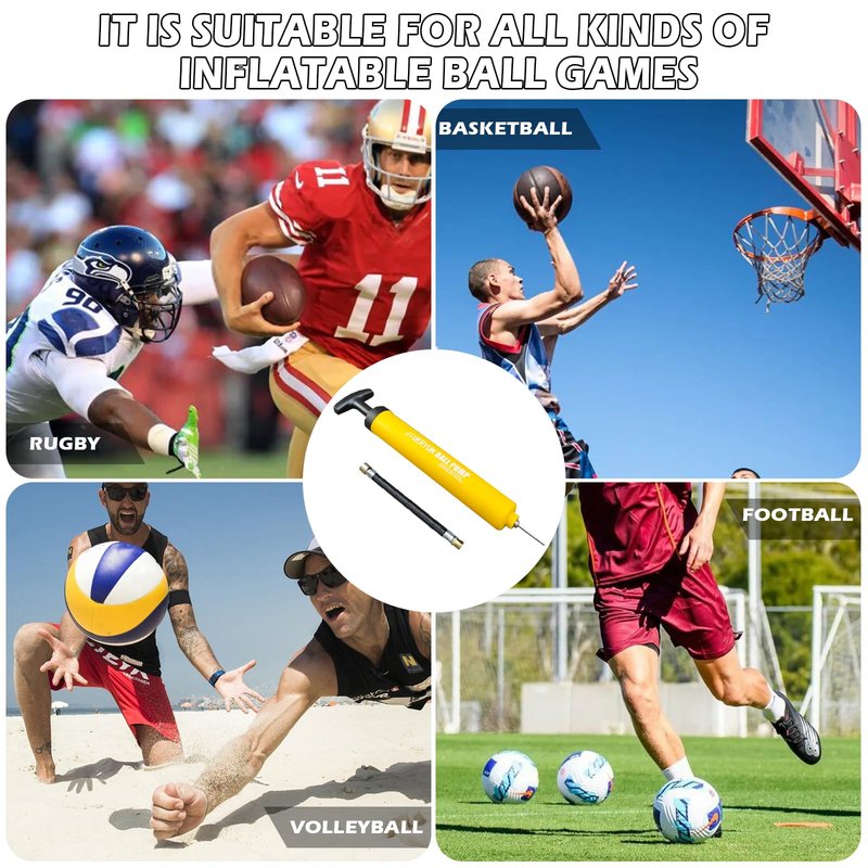 Ball Pump with Needle Storage in Handle - 5 Metal Needles, Flexible Hose - for Soccer, Basketball, Volleyball, Handball - Yellow
