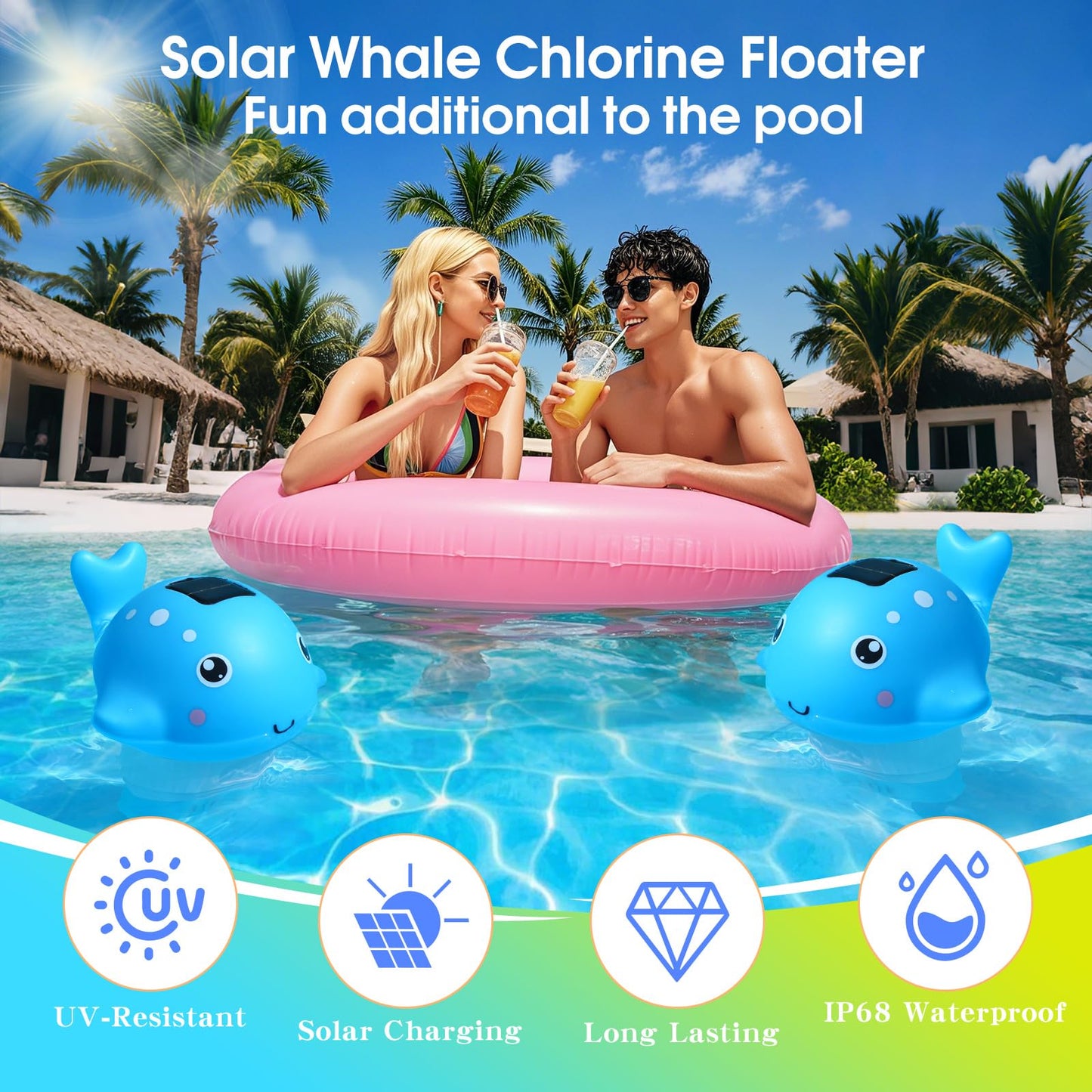 Blufree Pool Chlorine Floater, Solar Chlorine Tablet Floater w/Adjustable Release, Glow in The Dark Large Capacity Whale Floating Chlorines Dispenser for Pool Hot Tub Spa Fits 3 Inch Tabs