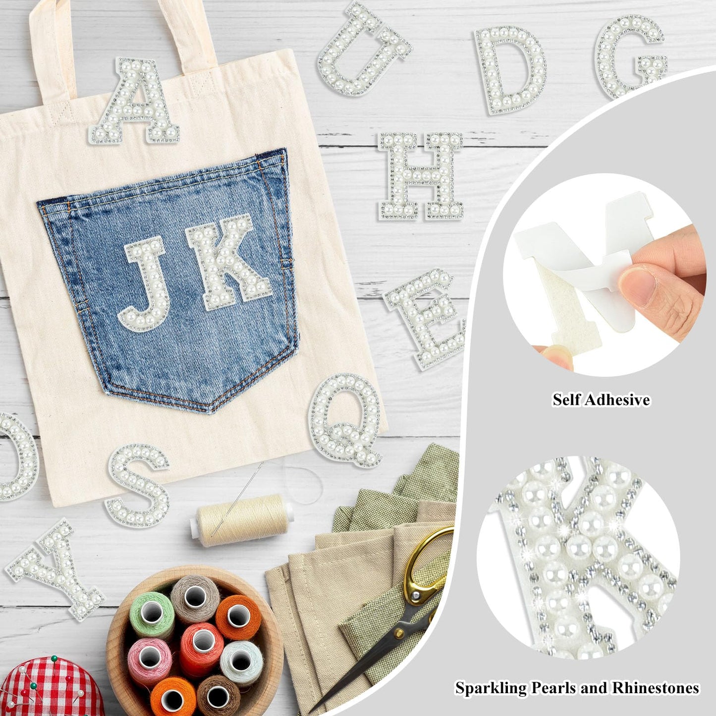 Morcheiong 52Pcs Pearl Rhinestone Letter Patches Self Adhesive A-Z, Stick on Pearl Letter Patches for Clothes, Fabric, Backpack (White)