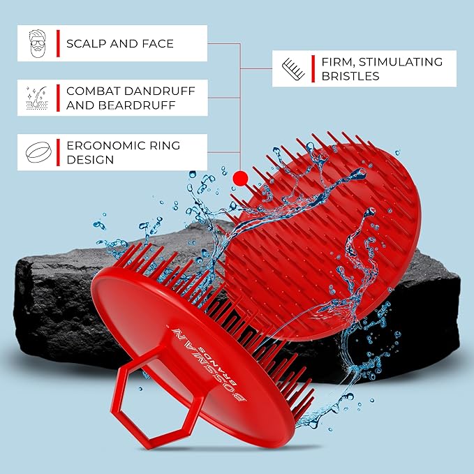 Bossman Scalp Massager & Shampoo Brush (3 inch, Red) – Scalp Exfoliator Brush – Head Scrubber, Beard Exfoliator & Dandruff Control for Hair & Beard with Firm Bristles