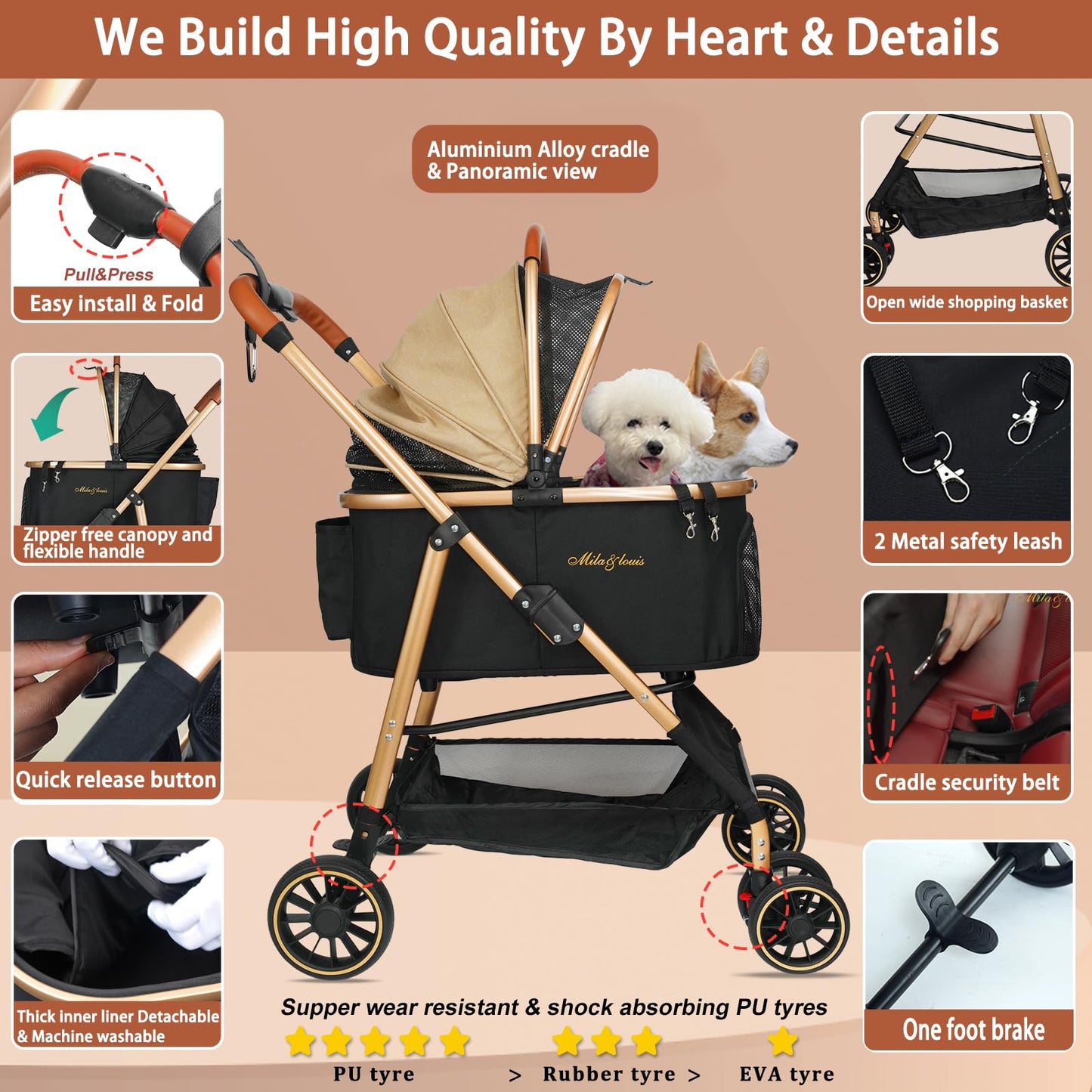 MILA&LOUIS Dog Stroller, 24" Pet Cradle, Lightweight & Stylish Pet Stroller for Small and Medium Pets, 33 Lbs Capacity with Cup Holder, Hook, Detachable Aluminum Cradle (Khaki)