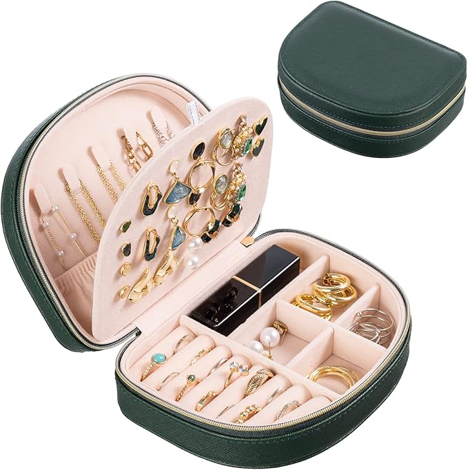 ProCase Travel Size Jewelry Box, Medium Portable Seashell-Shaped Jewelry Case, 2 Layer Jewelry Organizer in PU Leather for Women -Emerald