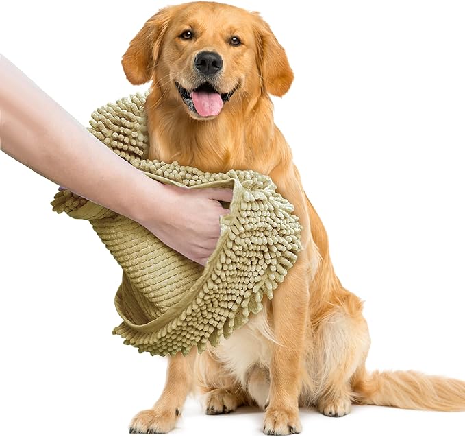 Muddy Mat® Doggy Dryer, Highly Absorbent Microfiber Washable Dog Shammy, Quick Drying Towel Absorber, Extra Soft Plush Wrap Chenille Bath Towels to Dry Soggy Large Pets & Small Puppy - Beige
