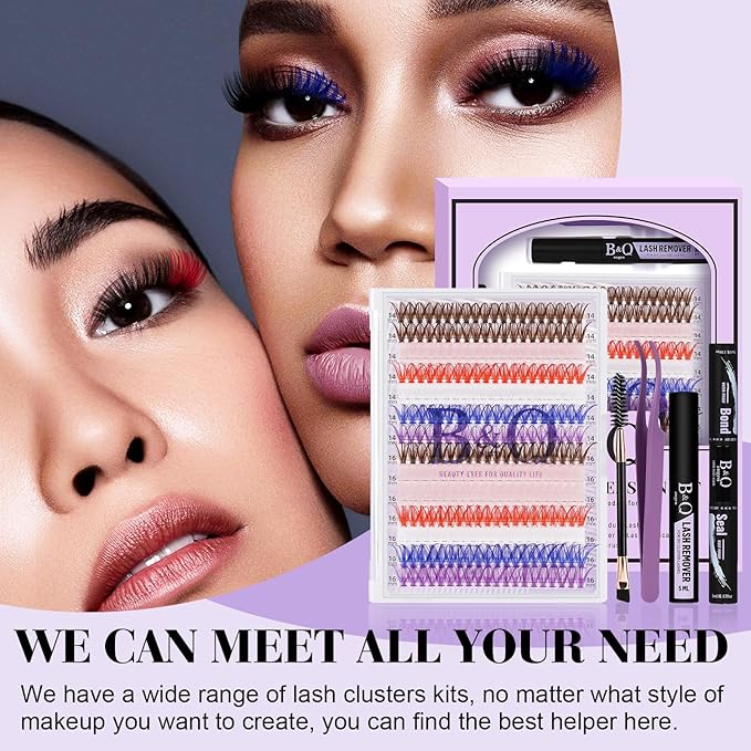 B&Q 280PCS Colored & Rainbow False Eyelashes Kit, 6 Vibrant Colors DIY Volume Lashes, Includes Lash Glue & Remover, Professional Cluster Lashes for Party, Stage, Cosplay, Festival Makeup