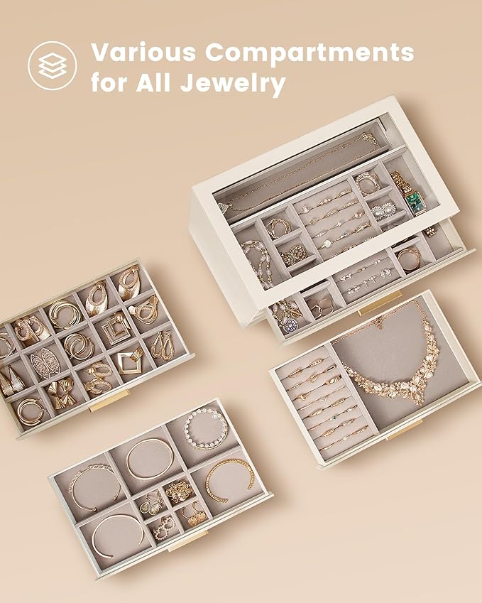 Lolalet Jewelry Box Organizer, 5-Layer Jewelry Organizers and Storage Case with Glass Lid, Ring Earring Bracelet Necklace Holder Organizer, Birthday Valentine Gifts for Women Girls -5Layer, Beige