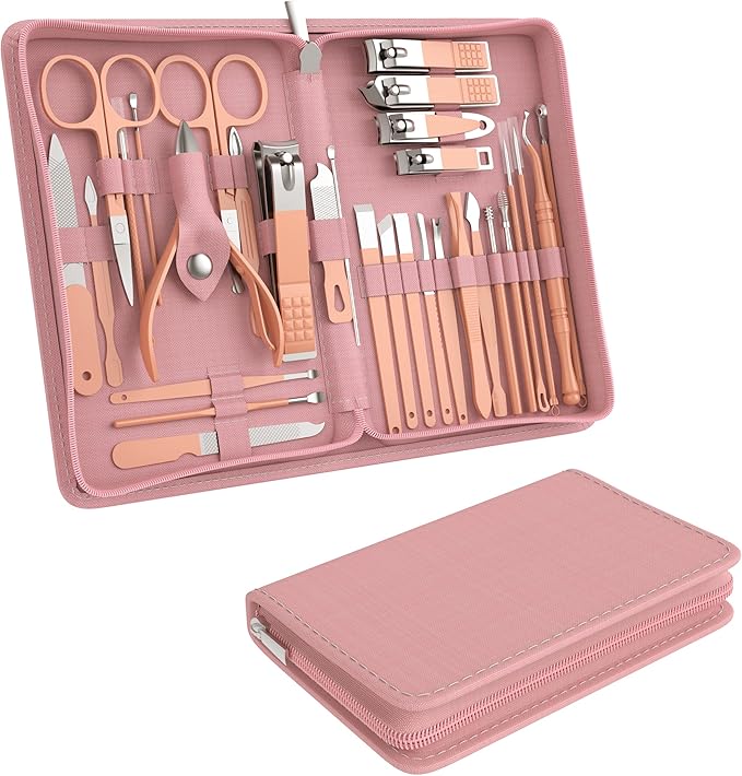 Tseoa Manicure Set Personal Care, Nail Clipper Kit, Professional Nail Clipper Pedicure Set, Nail Tools with Luxurious Travel Case, Gifts for Men Women Family Friend, 31 Pieces (Pink)