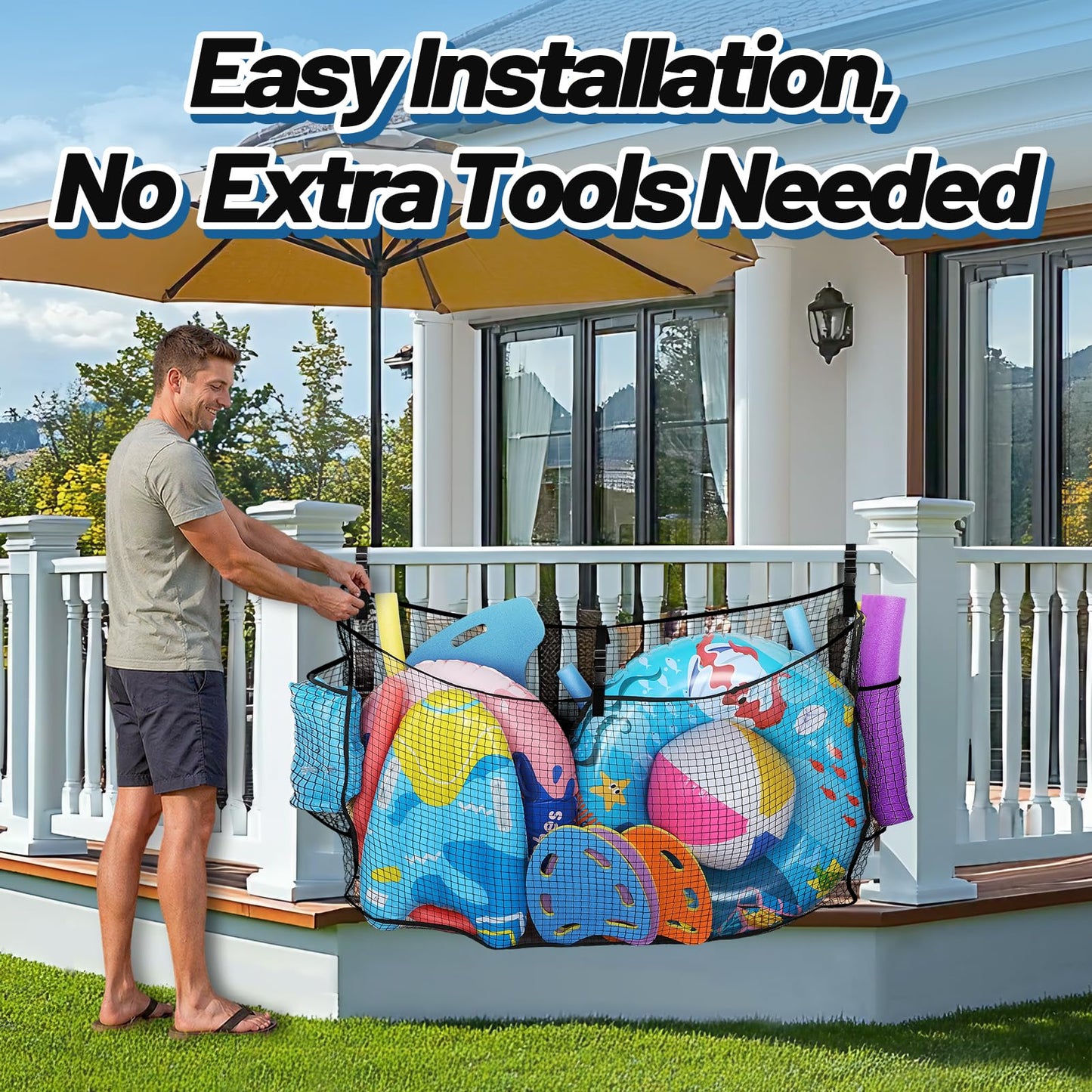Large Pool Float Toy Storage Net - 59 x11.8x33.5in Durable Mesh Net Organizer for Fence with Straps, Poolside Fence Toys Holder for Inflatable Rafts Pool Noodles Balls Swimming Ring