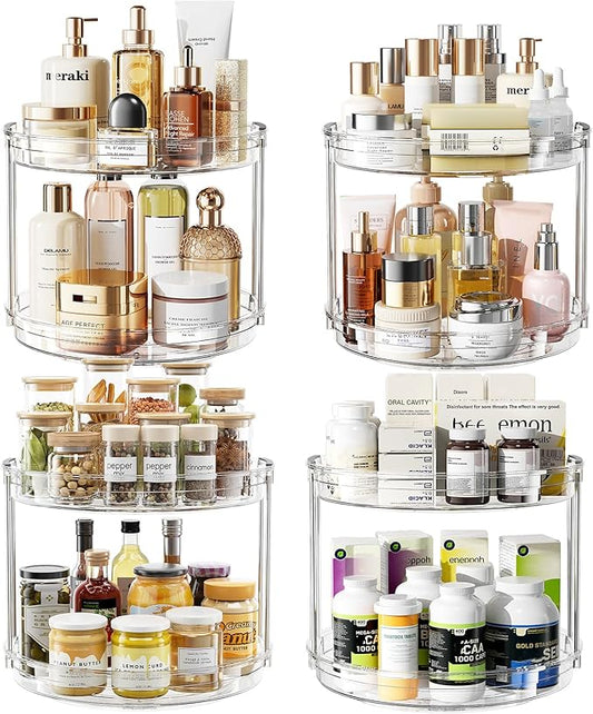 LAMU 4 Pack 10.6'' 2-Tier Lazy Susan Turntable Organizer Rotating Spice Rack Organization for Cabinet, Kitchen, Pantry, Countertop, Bathroom, Vanity, Makeup Organizer, Clear