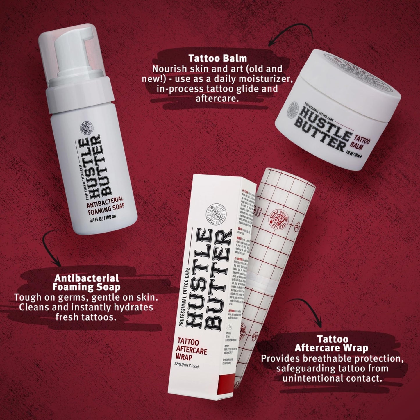 Hustle Butter Tattoo Aftercare Kit - Tattoo Balm, Antibacterial Soap, and Aftercare Wrap - TSA-Friendly Balm & Soap - Easy Removal, Mess-Free Wrap