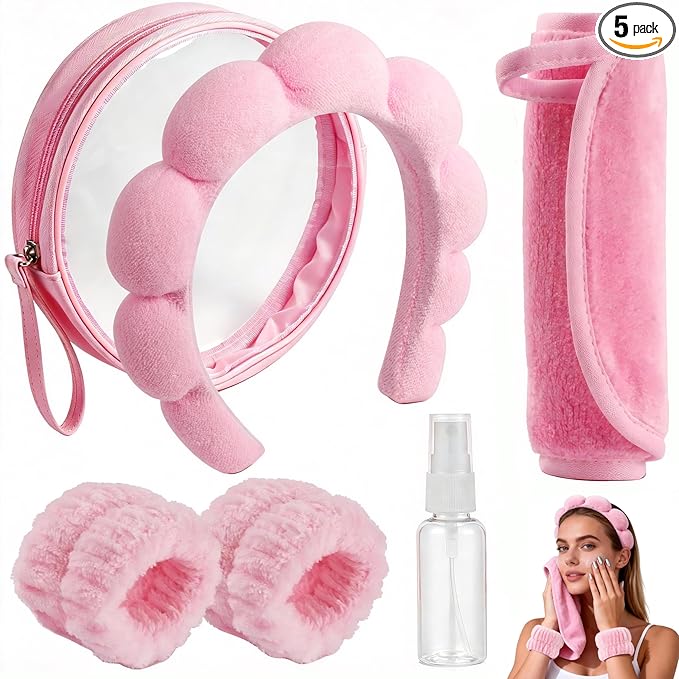 Real Perfection Spa Headband for Washing Face, Skincare Headband Wristband Set for Women, Reusable Machine-Washable Makeup Remover Towel Cloth, 1oz Small Spray Bottle with Travel Makeup Bag - Pink