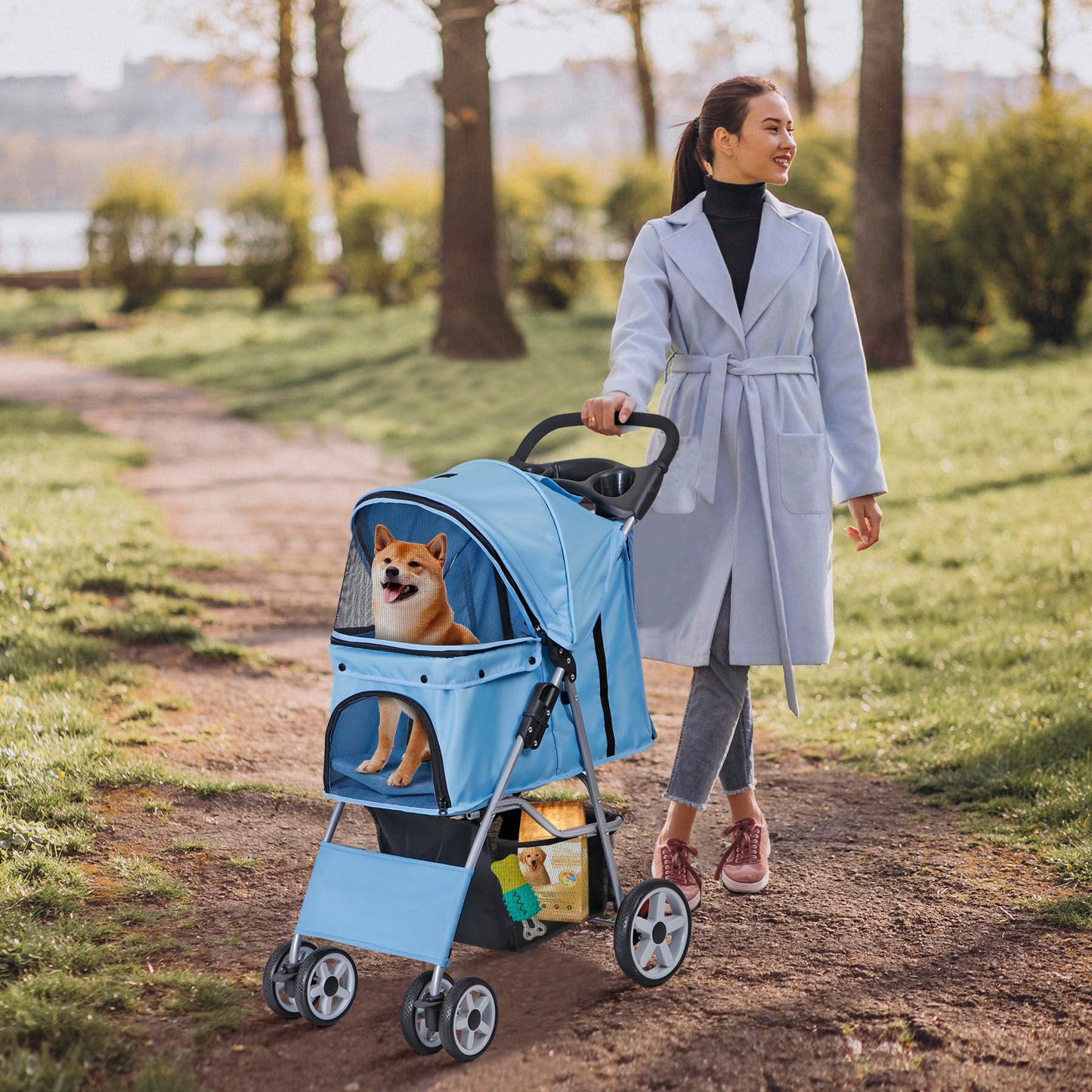 4 Wheels Pet Stroller, Foldable Dog Cat Stroller for Small Medium Dogs Cats, Travel Carrier with Storage Basket and Cup Holder, Waterproof and Lightweight (Blue)