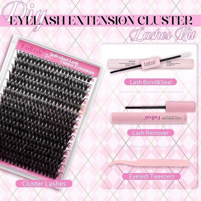 DIY Lash Extension Kit Individual Lashes Clusters Lash Bond and Seal, Clusters Lash Glue Remover and Eyelash Tweezers for Eyelash Extensions (40D-0.07C, 15-20mm, Kit)