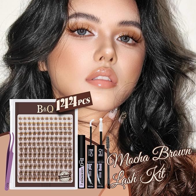 B&Q Brown Lash Clusters Kit Natural Mochalash Clusters 02, Wispy Eyelash Clusters Kit C-Curl Cluster Eyelash Extensions 8-16mm Brown Lash Eyelashes Kit for Fair/Dark Hair(Mochalash 02 Set)