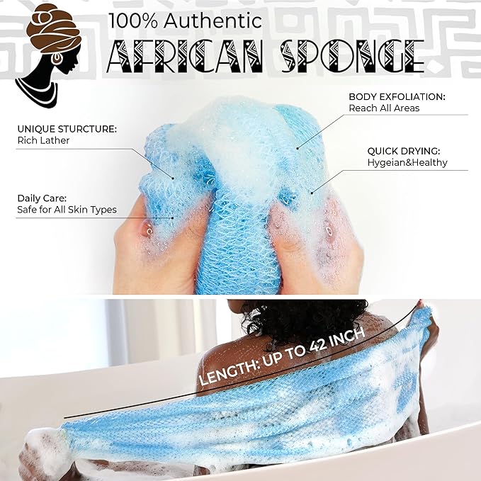 African Net Sponge Authentic - 2 Pieces Exfoliating Body Scrubber Bath Sponge Babyblue&Orange - Back Scrubber Washcloth for Shower - Real African Scrub Exfoliator Body Care Bathing Accessories