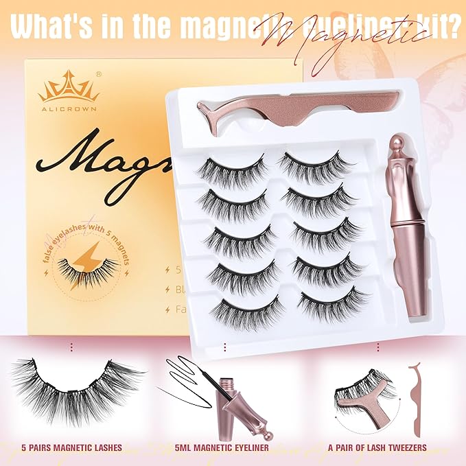 Magnetic Eyelashes with Eyeliner Cat Eye Natural Magnetic Lashes with Applicator No Glue Needed Wispy Magnet Lash 5 Pairs Strip Lashes with Magnet Eyeliner