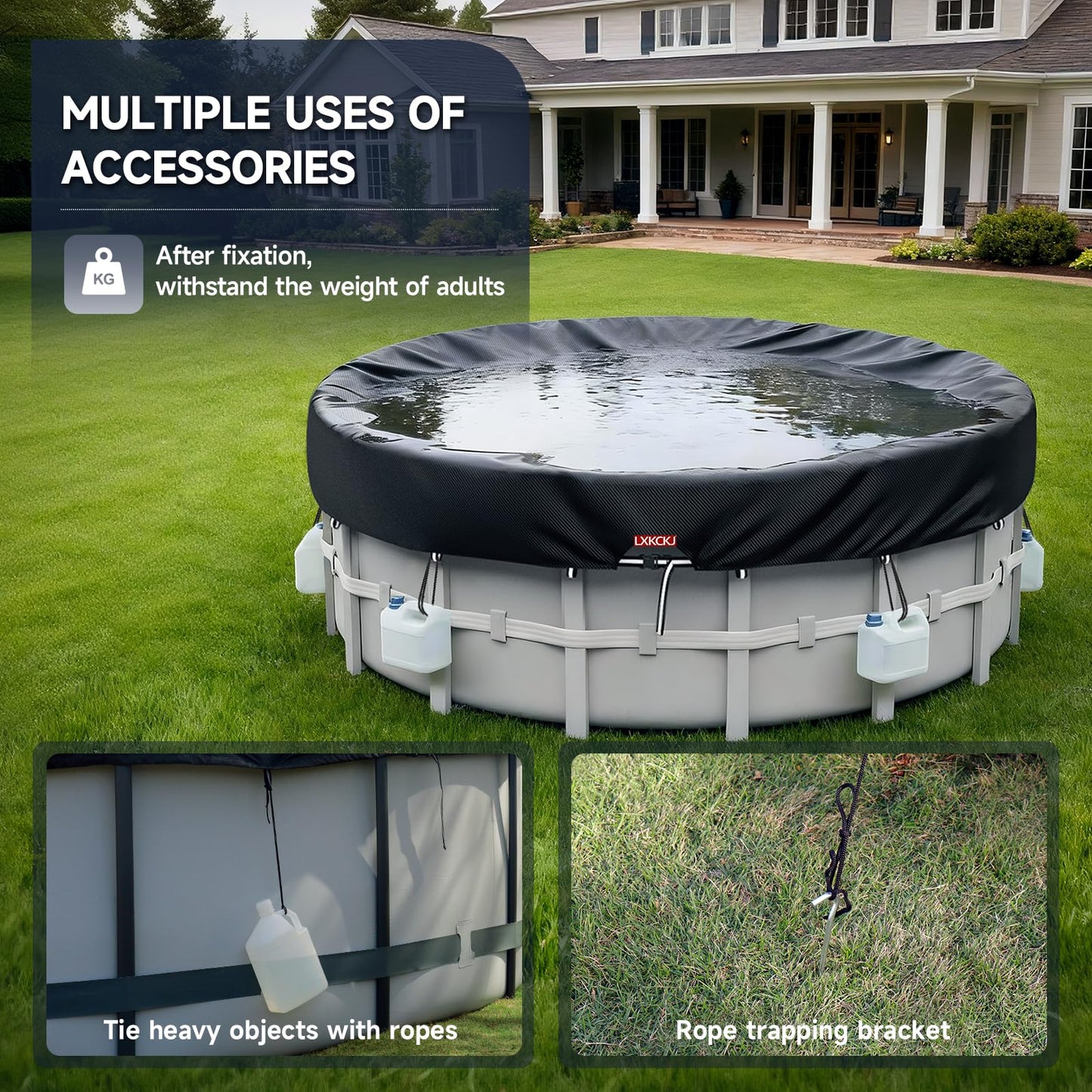LXKCKJ 9 Ft Round Pool Cover, Solar Covers for Above Ground Pools, Stock Tank Pool Cover Protector with Accessories, Round Hot Tub Covers Ideal for Waterproof and Dustproof (Black)