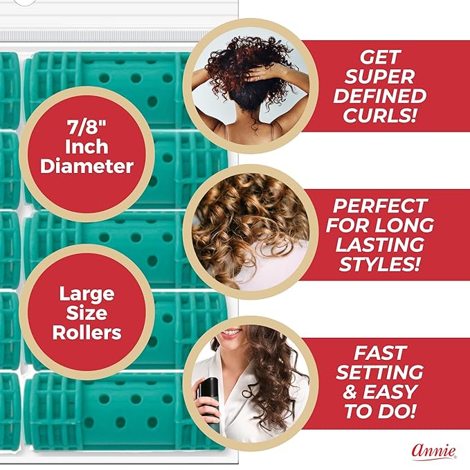 Annie Snap-On Magnetic Hair Rollers – Large 7/8 Inch with Locking Snap-Over Hood – Secure Hold No Pins Needed – Green, 10 Count