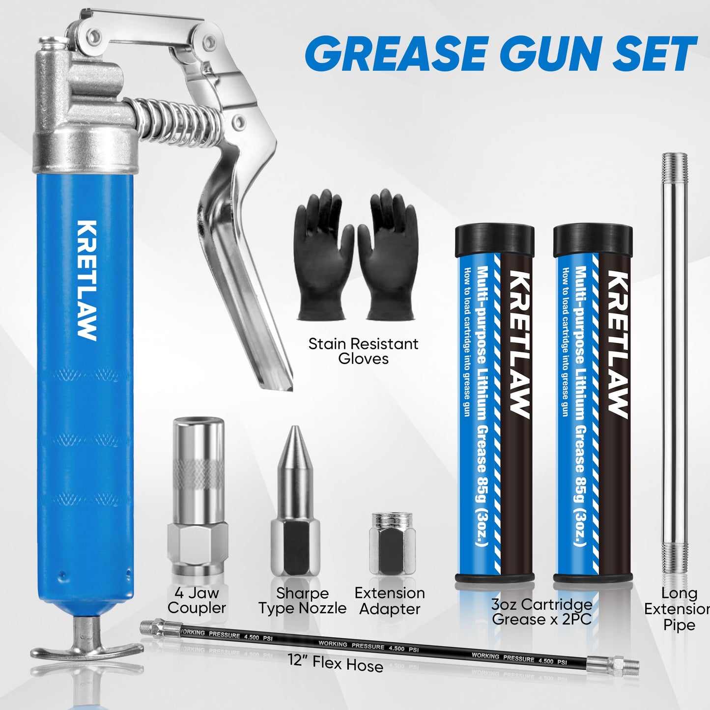 KRETLAW Mini Grease Gun (3000PSI) with Double 3oz Cartridge Grease and 12'' Flex Hose, Reinforced Coupler for Automotive,Marine
