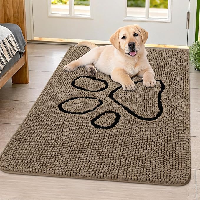 Smiry Dog Door Mat for Muddy Paws, Absorbent Dirt Trapper Non Slip Quick Dry Washable Chenille Mat for Mud Dogs, Entry Rug for Indoor and Outdoor (40x32 Inches, Camel and Black)