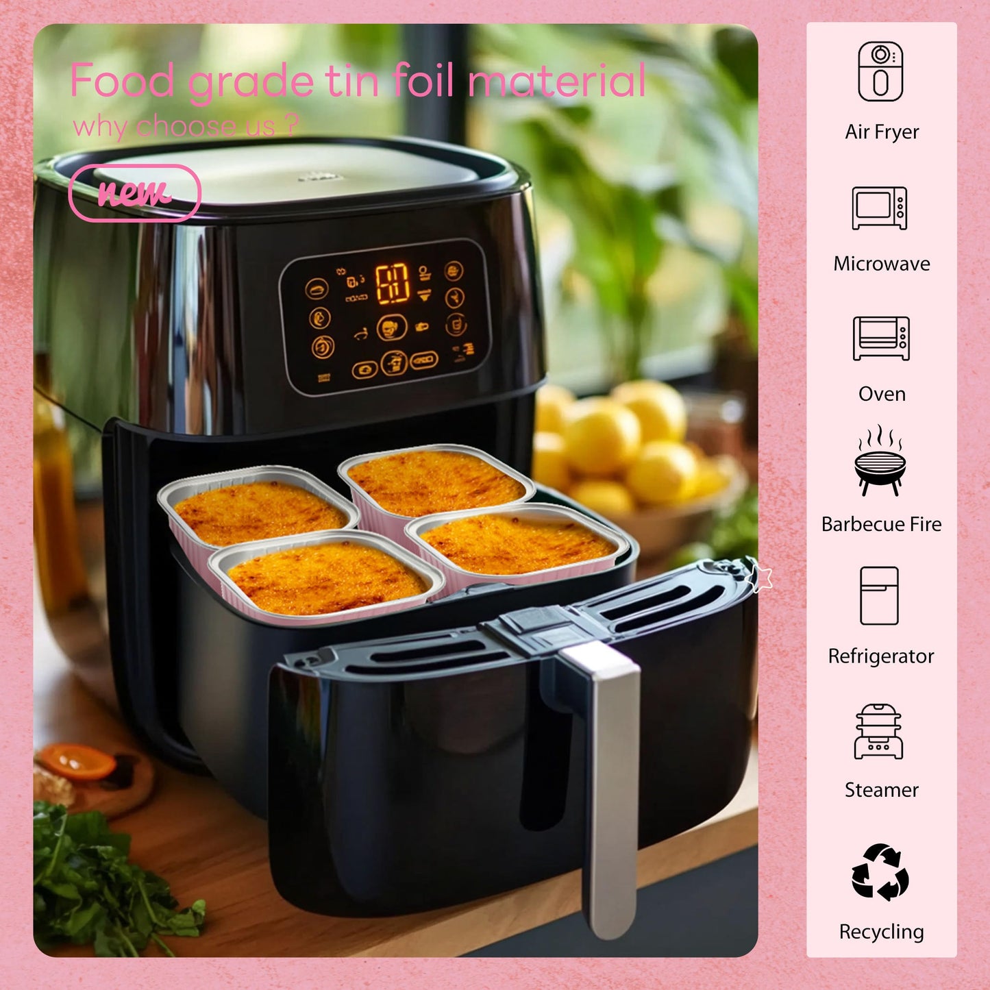 NPLUX 50 Pcs Mini Cake Pans with Lids and Spoons Aluminum Foil Mini Square Baking Cups with Lids Disposable Ramekins Cake Pans Dessert Cups for Wedding Birthday Party(Pink,5oz)