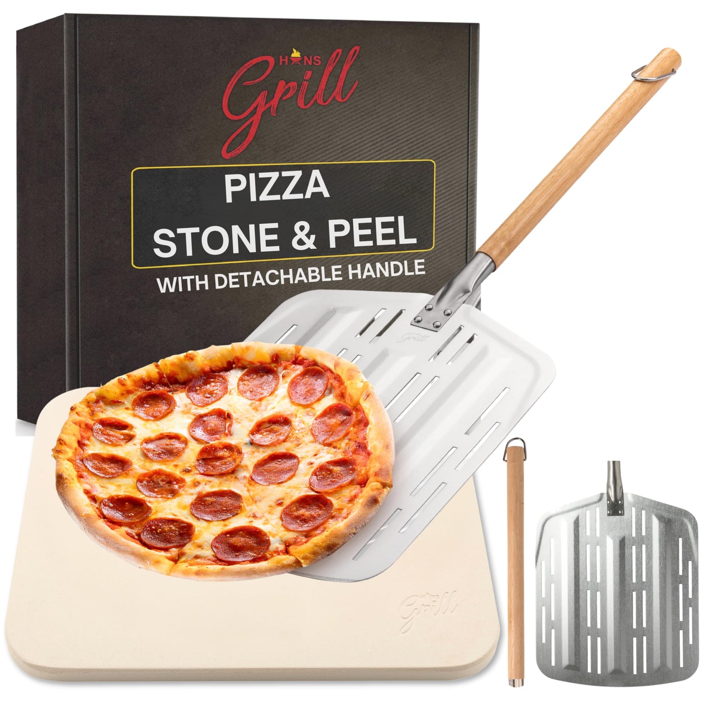 Hans Grill Pizza Stone PRO XL Baking Stone For Pizzas use in Oven, Grill or BBQ FREE Long Handled Anodised Aluminium Pizza Peel | Rectangular Stone 15 x 12" Inches | For Pies, Pastry, Bread, Calzone
