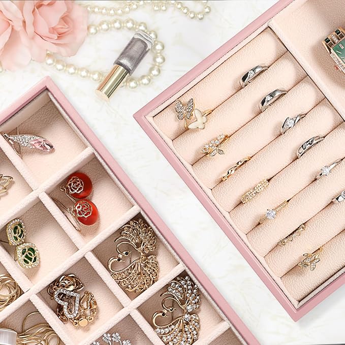 LANDICI Stackable Jewelry Organizer Trays 4 Set,PU Leather Jewelry Organizer Drawer,Jewelry Storage Display Tray for Earring Necklace Rings Bracelet with Removable Dividers,Rose Gold