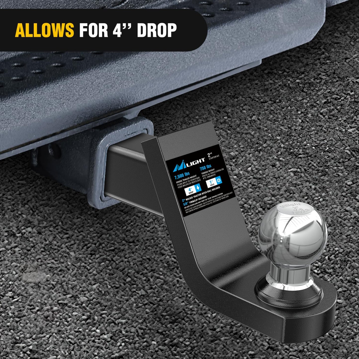 Nilight Fusion Trailer Hitch Mount w/Welded 2 Inch Trailer Ball & Hitch Pin, Fits 2 Inch Receiver, 7500 lbs 4" Drop