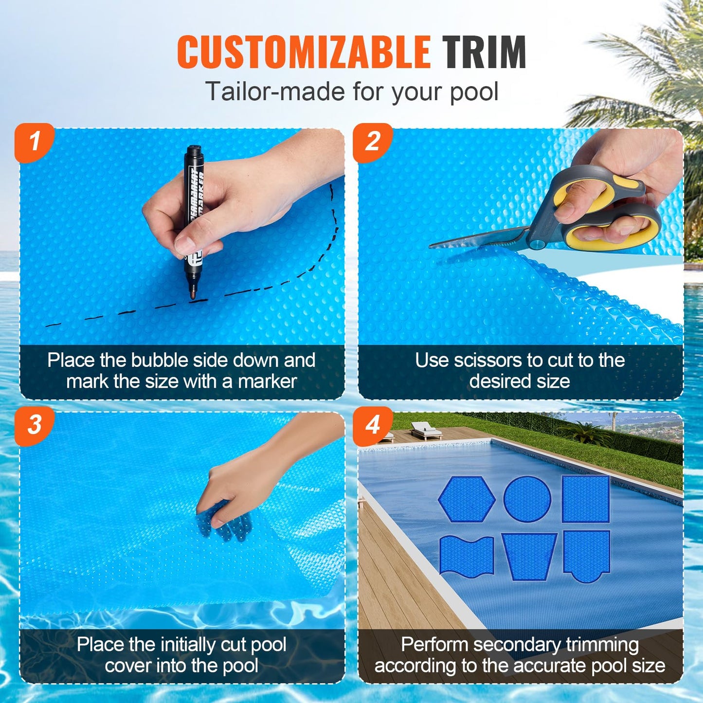 VEVOR Solar Pool Cover, 32 x 16 ft Rectangle Solar Blanket for Pools, 16 mil Solar Covers for Inground Above Ground Swimming Pool Solar, Blue