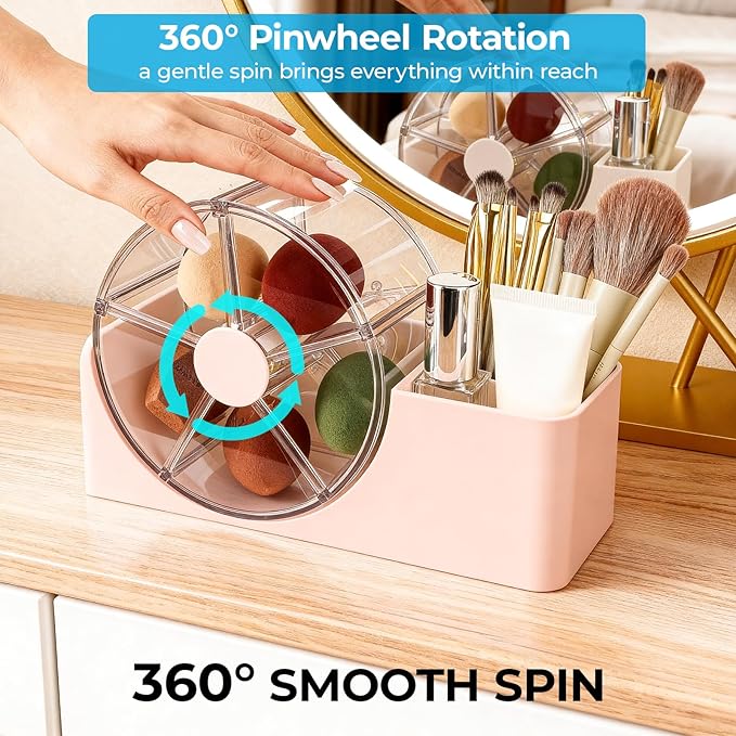 Hair Accessories Organizer for Girls, 2-Slot Hair Brush Holder & 5-Section Rotating Wheel, Cute Makeup Brush Holder for Hair Tile, Clip, Makeup Brush, Earring, Ring, Kids Vanity Accessories (Pink)