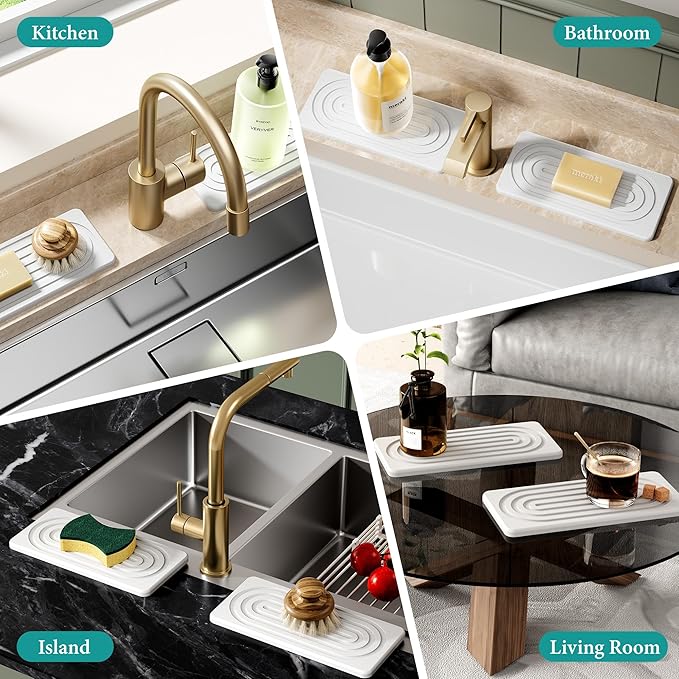 2 PCS Water Absorbing Stone Tray for Sink, Quick Drying Diatomite Bathroom Tray Countertop, Stone Drying Mat for Kitchen Counter Faucet, Soap Dish Dispenser Vanity Organizer, White-B-8.3" x 4"