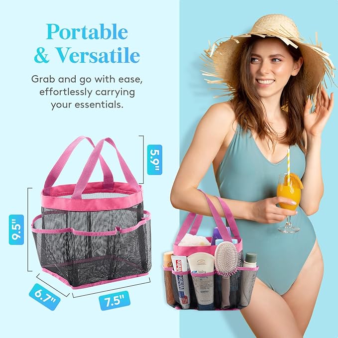 Lifewit Mesh Shower Caddy Portable for College Dorm Room Essentials with 7 Pockets, Freestanding Hanging Organizer Basket, Quick Dry Tote Bag for Camping, Bathroom, Beach, Travel, 1 Pack, Pink