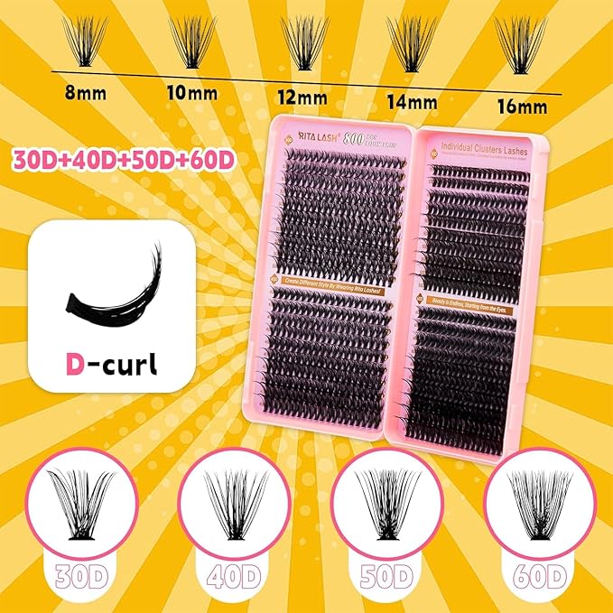 RITALASH Lash Extension Kit DIY Lash Clusters 800pcs Cluster Lashes Individual Lashes Book Set Eyelash Extension Kit with Lash Bond and Seal,Lash Remover,Lash Tweezers(30D+40D+50D+60D Kit,8-16mm)