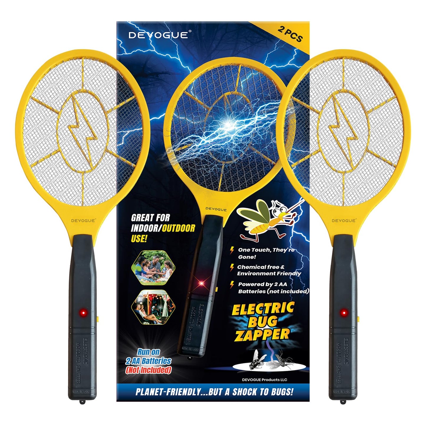 DEVOGUEÂ® Pack of 2 Electric Fly Swatter Bug Zapper Battery Operated Flies Killer Indoor & Outdoor Pest Control Mosquito Zapper and Insect Catcher Racket (Packing May Vary)