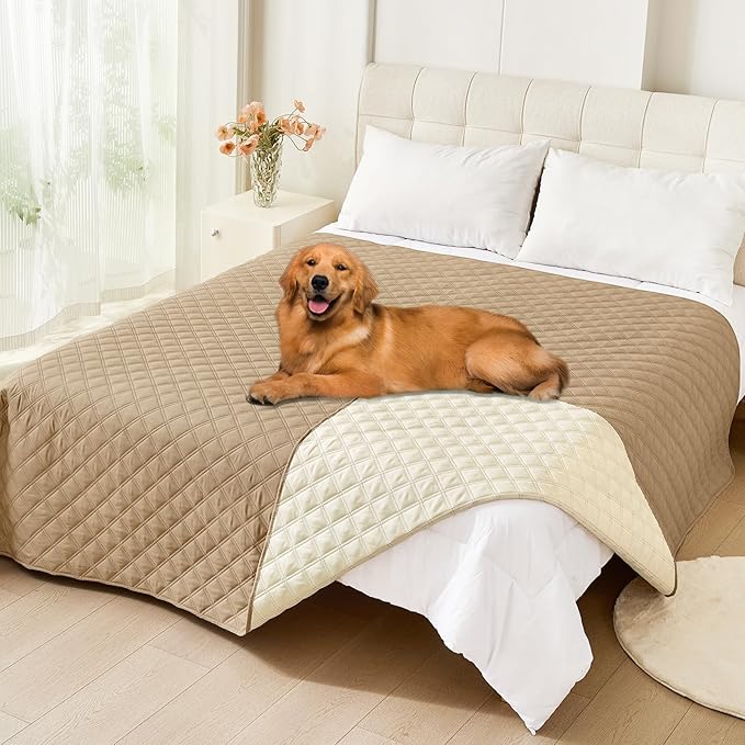 Smiry Waterproof Dog Bed Cover Pet Blanket, Soft Washable Dog Blanket for Furniture Bed Couch Sofa Reversible, Checkered (82"x102", Camel/Beige)
