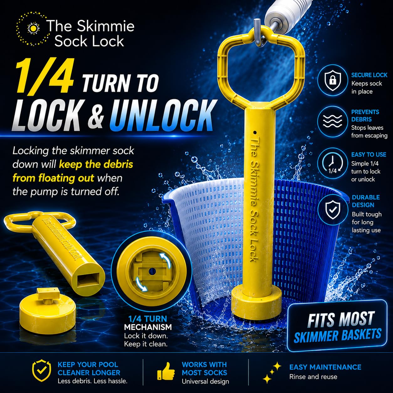 Skimmie Sock Lock - Ultimate Pool Cleaning Convenience: Removable Handle for Skimmer Socks Keeps Debris in, Even When Pump's Off