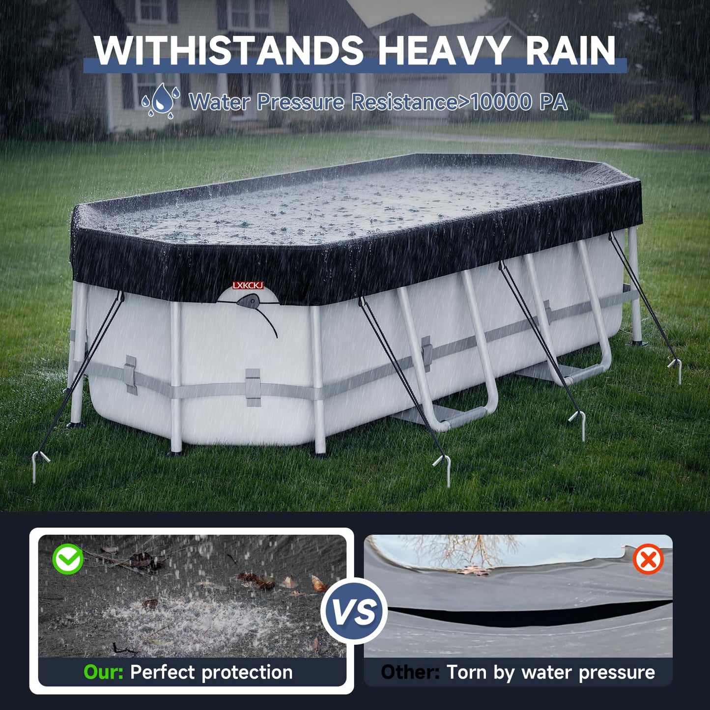 LXKCKJ 7x10 FT Rectangular Pool Cover for Above Ground Pool, Solar Oval Pool Cover Protector, Winter Pool Cover with Accessories Set Ideal for Cold and UV Resistant, Dustproof (Black)