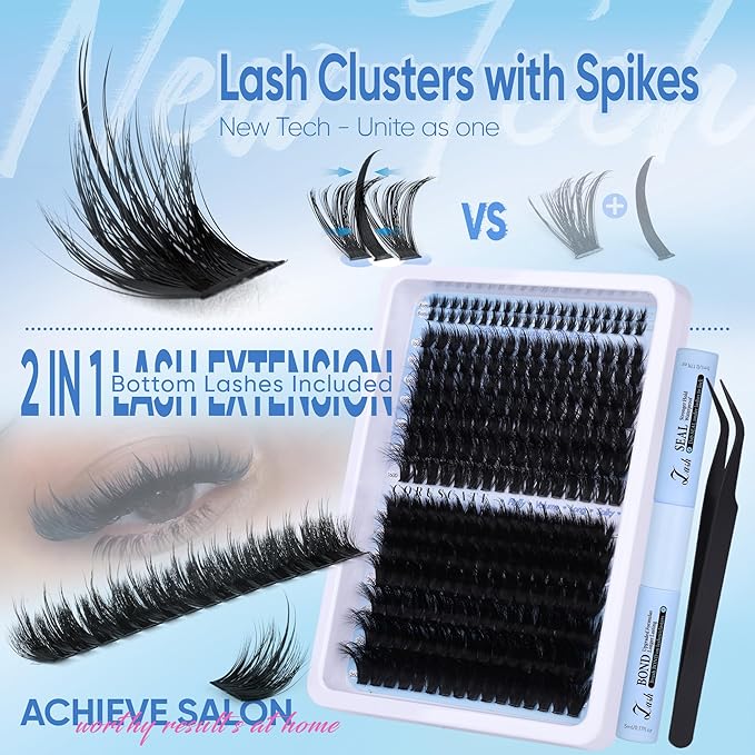 CORUSCATE Lash Clusters Kit with Bottom Lash Extension Kit Thick 160D+260D Cluster Eyelash Extensions Volume Individual Lashes 12-22mm Cluster Lashes Mega Dramatic Style with Lash Bond and Seal Glue