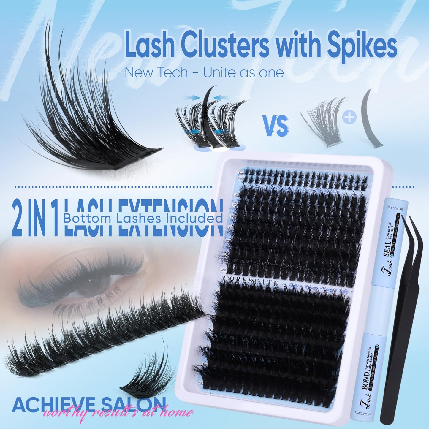 CORUSCATE Lash Clusters Kit with Bottom Lash Extension Kit Thick 160D+260D Cluster Eyelash Extensions Volume Individual Lashes 12-22mm Cluster Lashes Mega Dramatic Style with Lash Bond and Seal Glue