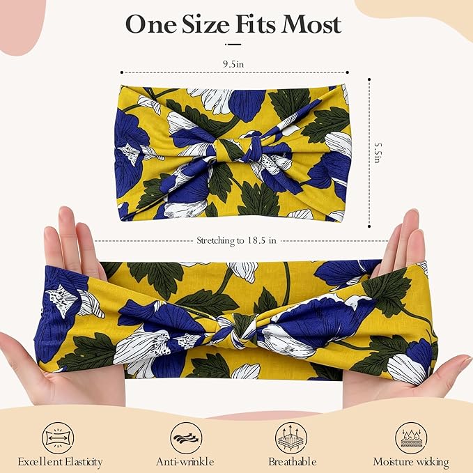 HSEM Headbands for Women 6-Pack – Boho Flower Wide Head Bands, Non-Slip Thick Hair Bands – Large Knotted Soft Stretchy Sweatbands for Workout, Washing Face, Makeup, Running, Spa & Yoga